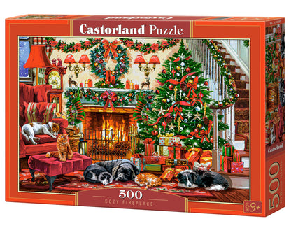 500 Piece Jigsaw Puzzle, Cozy Fireplace, Christmas living room, Decorated tree, Fireplace and sleeping dogs, Festive holiday art., Adult Puzzle, Castorland B-54060