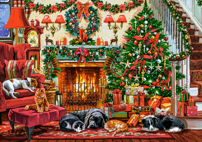 500 Piece Jigsaw Puzzle, Cozy Fireplace, Christmas living room, Decorated tree, Fireplace and sleeping dogs, Festive holiday art., Adult Puzzle, Castorland B-54060