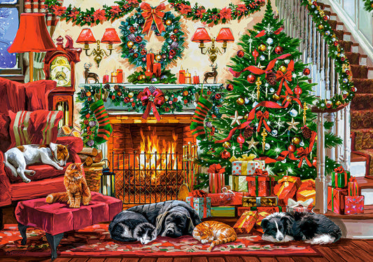 500 Piece Jigsaw Puzzle, Cozy Fireplace, Christmas living room, Decorated tree, Fireplace and sleeping dogs, Festive holiday art., Adult Puzzle, Castorland B-54060