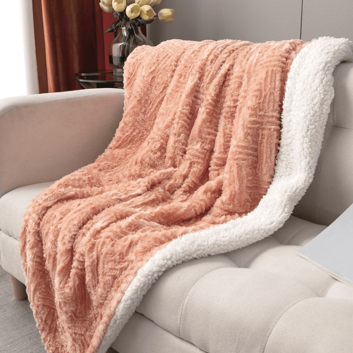 DaDa Bedding Coral Peach Rose Faux Fur Sherpa Throw Blanket