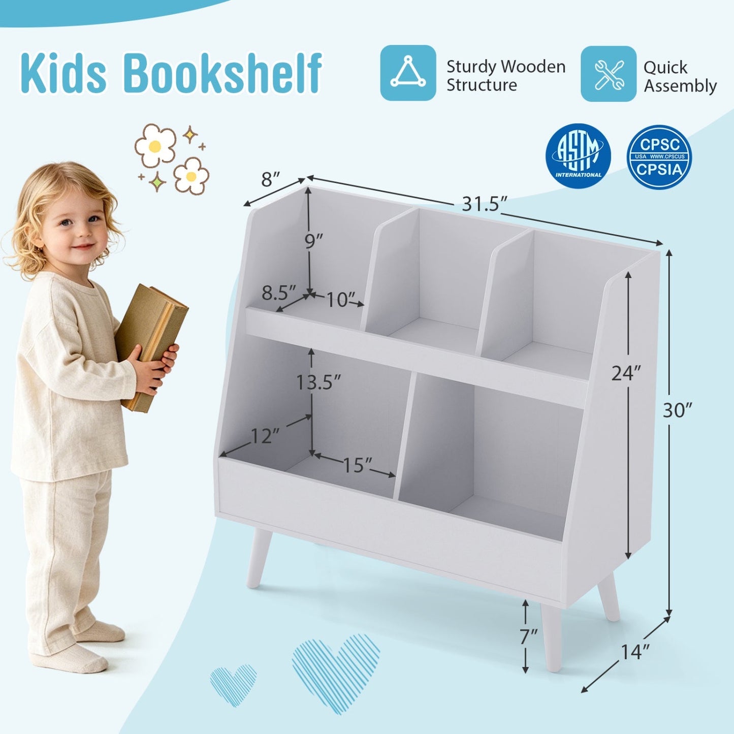 Kids Bookshelf and Toy Organizer 5-Cube Storage Unit