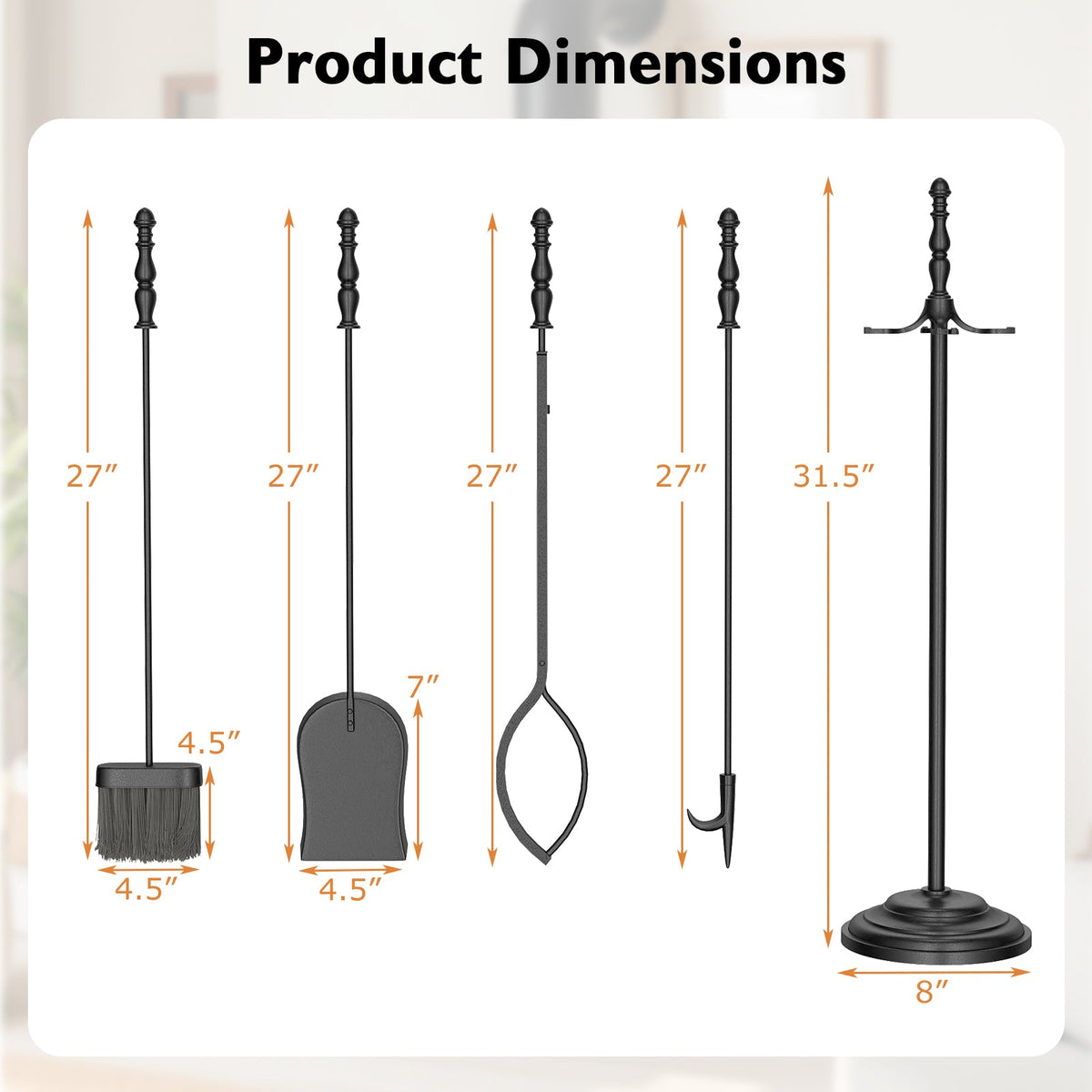 5-Pieces Fireplace Tool Set with Poker Tongs Brush Shovel and Round Stand