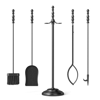 5-Pieces Fireplace Tool Set with Poker Tongs Brush Shovel and Round Stand