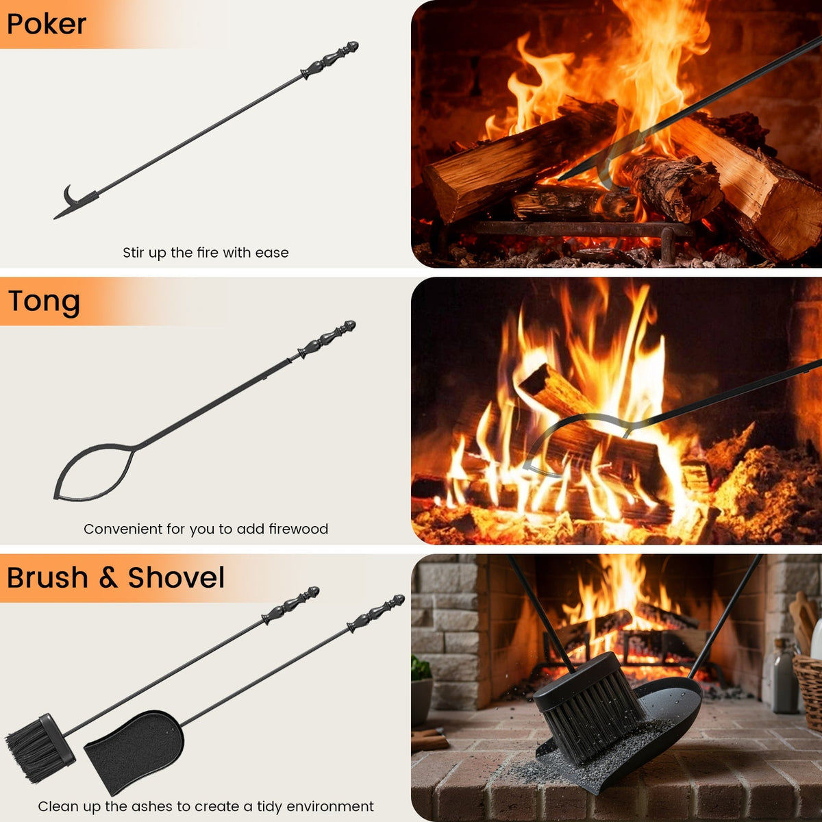 5-Pieces Fireplace Tool Set with Poker Tongs Brush Shovel and Round Stand