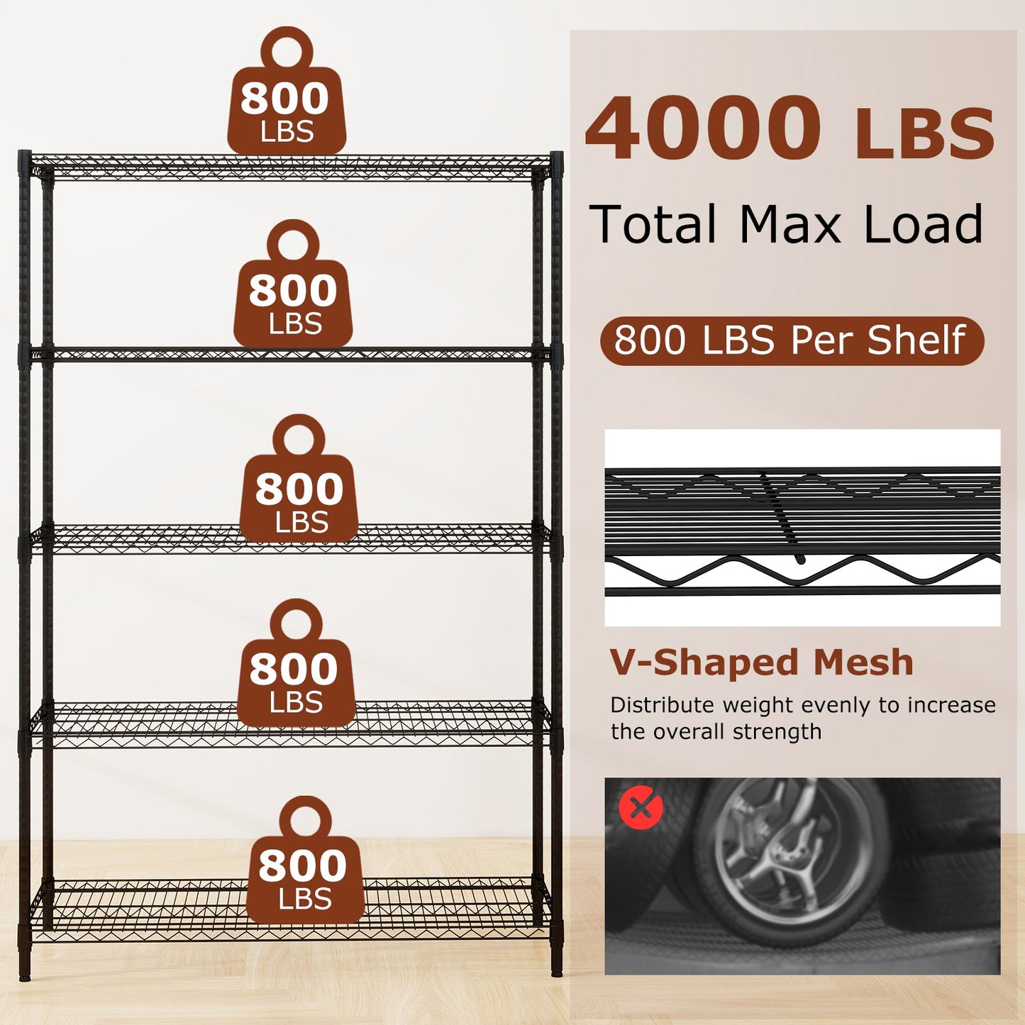 5-Tier Metal Storage Shelving Unit Set of 2 Adjustable Utility Shelf with V-Shaped Wire Rack-Black