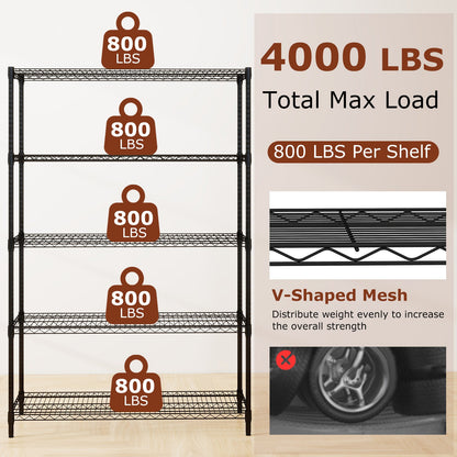 5-Tier Metal Storage Shelving Unit Set of 2 Adjustable Utility Shelf with V-Shaped Wire Rack-Black