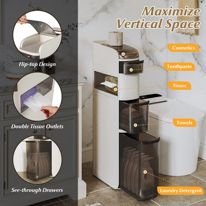 5-Tier Narrow Bathroom Storage Cabinet with Drawers and Tissue Box
