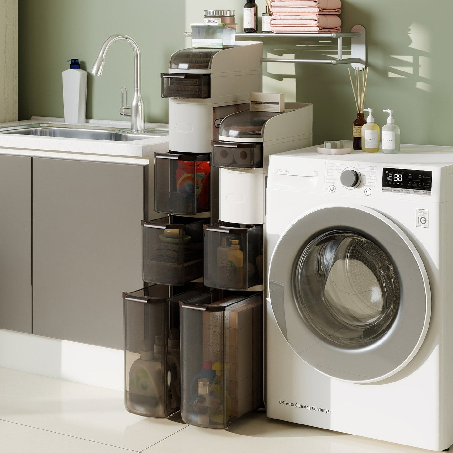 5-Tier Narrow Bathroom Storage Cabinet with Drawers and Tissue Box