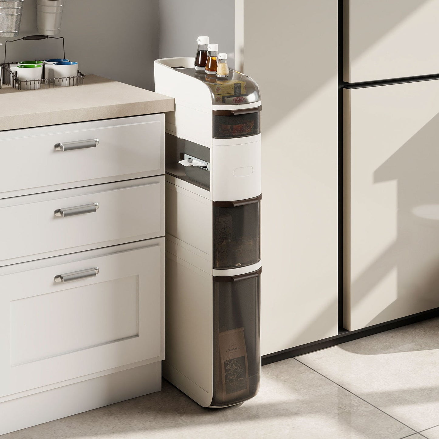 5-Tier Narrow Bathroom Storage Cabinet with Drawers and Tissue Box