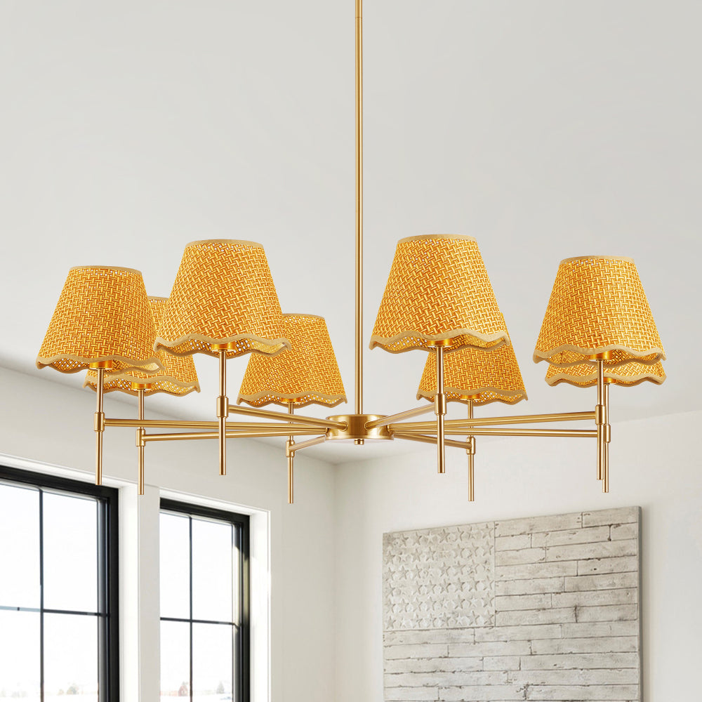 38.6" Gold Boho Rattan Chandelier | 8-Light Farmhouse Pendant with Adjustable Height for Dining Room, Living Room & Bedroom