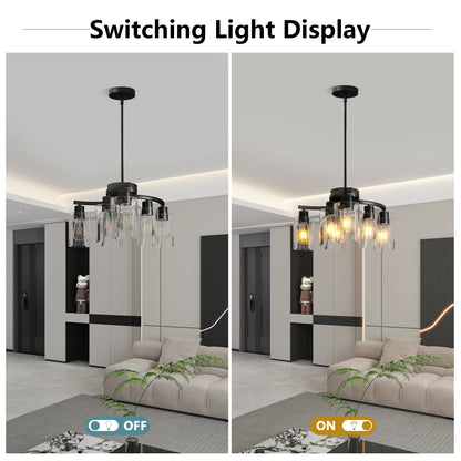 6/9-Light Modern Farmhouse Chandelier | Black, Chrome or Gold with Clear Glass Shades — Adjustable Height, Dimmable, Dining Room & Kitchen Island