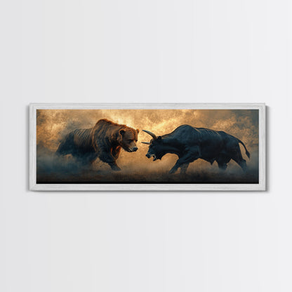 Intense Bull and Bear Framed Canvas Print - Moody Wildlife Painting, Rustic Wall Art, Industrial Style Living Room Decor, Gift Idea