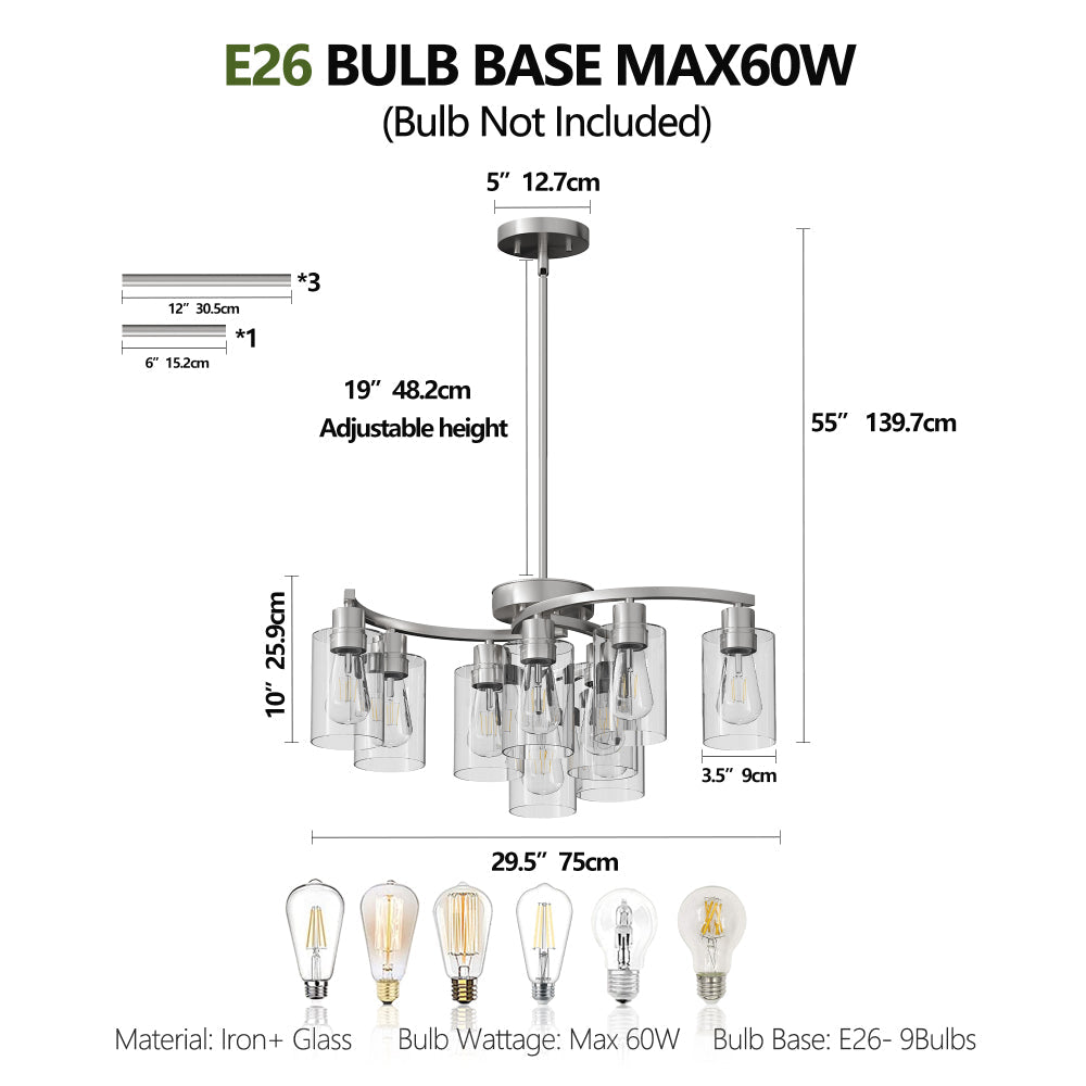 6/9-Light Modern Farmhouse Chandelier | Black, Chrome or Gold with Clear Glass Shades — Adjustable Height, Dimmable, Dining Room & Kitchen Island