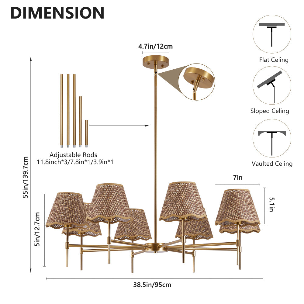 38.6" Gold Boho Rattan Chandelier | 8-Light Farmhouse Pendant with Adjustable Height for Dining Room, Living Room & Bedroom
