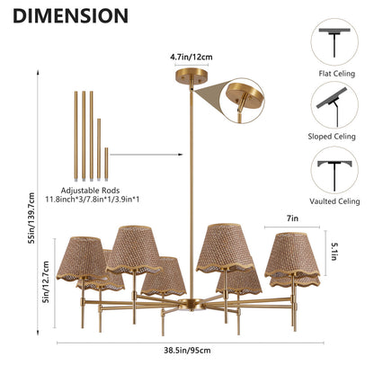 38.6" Gold Boho Rattan Chandelier | 8-Light Farmhouse Pendant with Adjustable Height for Dining Room, Living Room & Bedroom