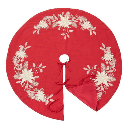 Fennco Styles Gold Embroidered Holly Christmas Tree Skirt 54 Inch Round - Red Festive Tree Skirt for Home, Holiday Decoration and Special Occasion