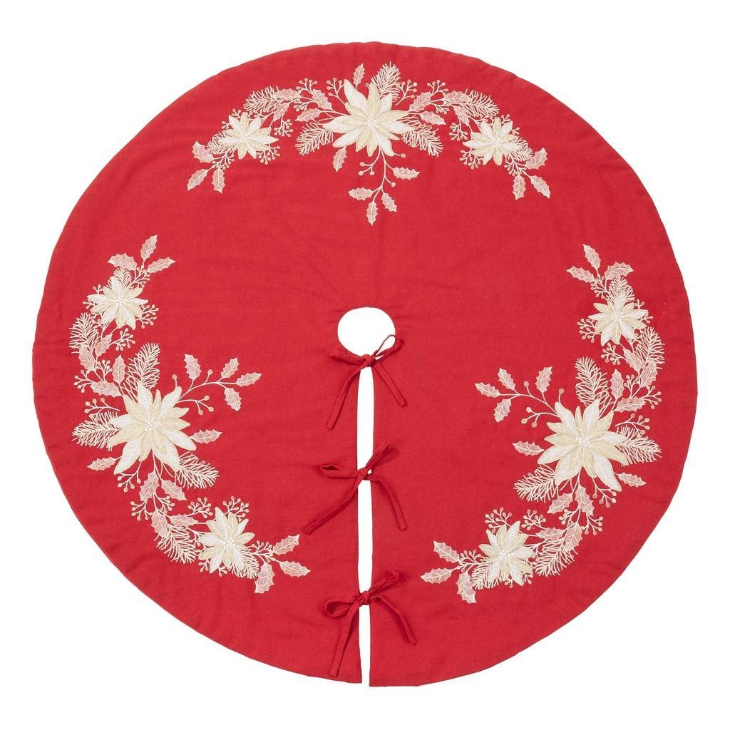 Fennco Styles Gold Embroidered Holly Christmas Tree Skirt 54 Inch Round - Red Festive Tree Skirt for Home, Holiday Decoration and Special Occasion
