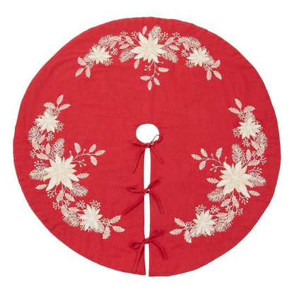 Fennco Styles Gold Embroidered Holly Christmas Tree Skirt 54 Inch Round - Red Festive Tree Skirt for Home, Holiday Decoration and Special Occasion