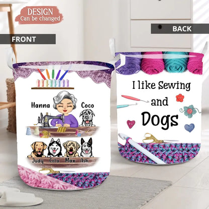 Personalized Sewing Woman With Pets Laundry Basket - Mother's Day Gift For Mom/Grandma With Up To 6 Pets - I Crochet Because Punching People Is Frowned Upon