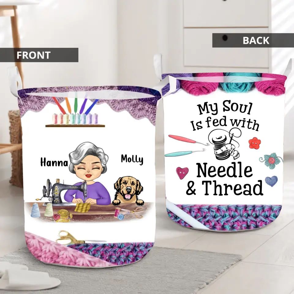 Personalized Sewing Woman With Pets Laundry Basket - Mother's Day Gift For Mom/Grandma With Up To 6 Pets - I Crochet Because Punching People Is Frowned Upon