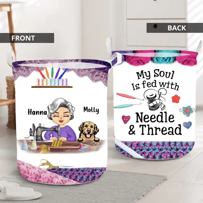 Personalized Sewing Woman With Pets Laundry Basket - Mother's Day Gift For Mom/Grandma With Up To 6 Pets - I Crochet Because Punching People Is Frowned Upon