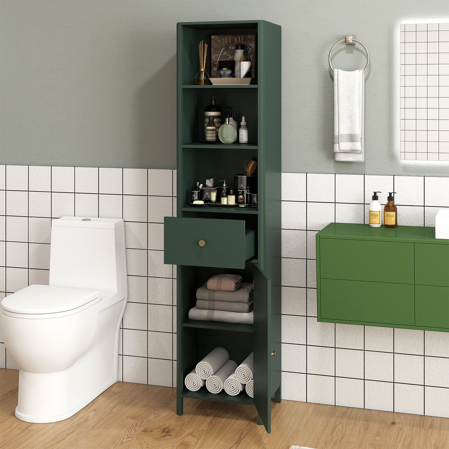 67 Inch Tall Bathroom Cabinet Narrow Floor Cabinet with Fluted Door