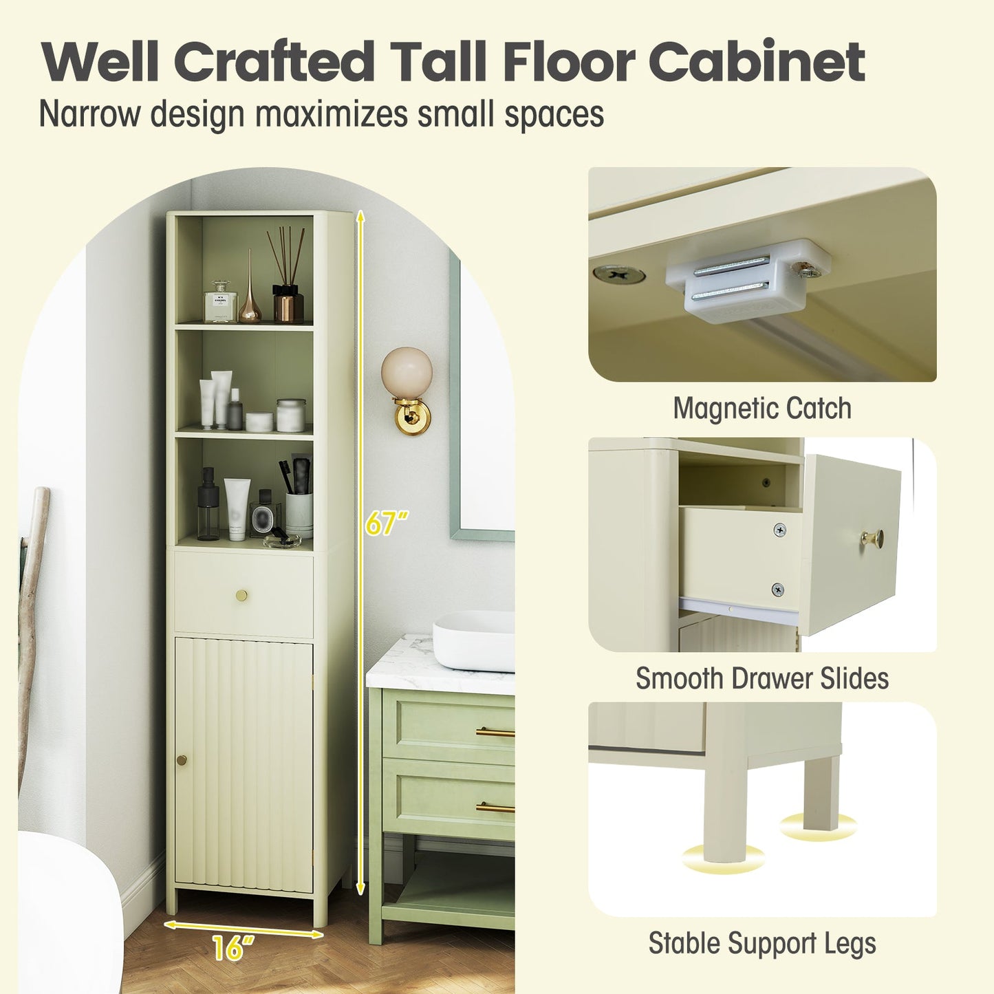 67 Inch Tall Bathroom Cabinet Narrow Floor Cabinet with Fluted Door