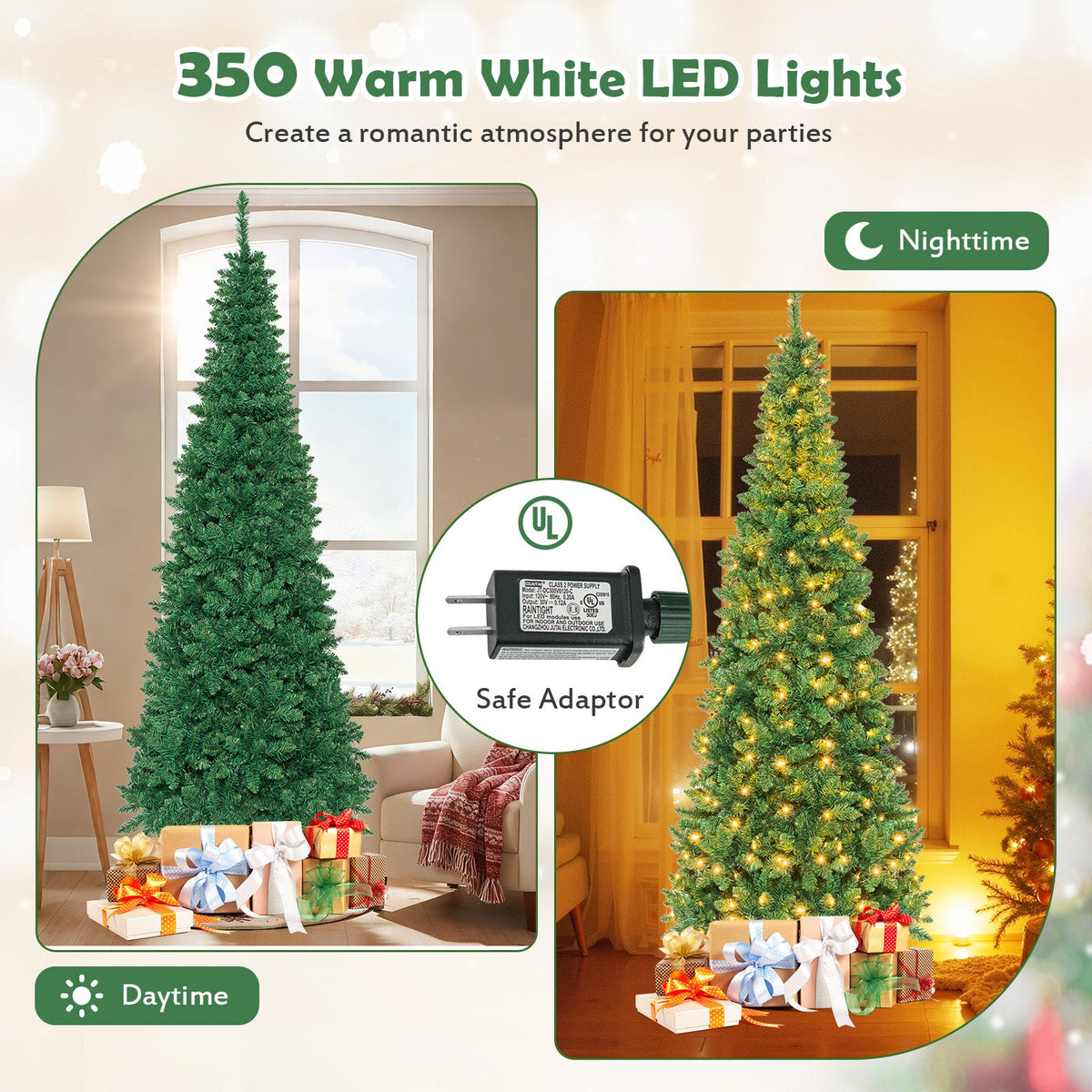 4.5 ft Pre-Lit Premium Hinged Artificial Fir Pencil Christmas Tree with LED Lights