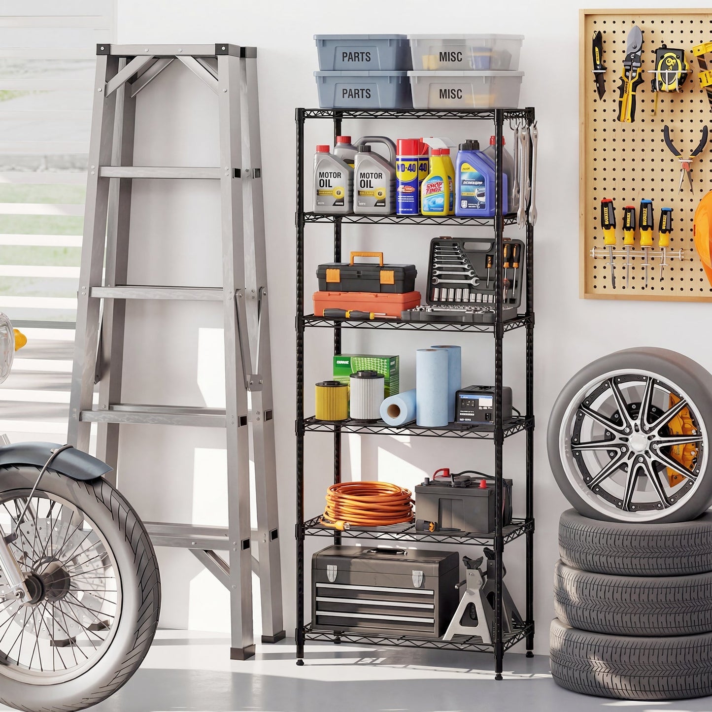 6-Tier Metal Storage Shelving Unit with V-Shaped Wire Rack and 900 LBS Capacity-Black
