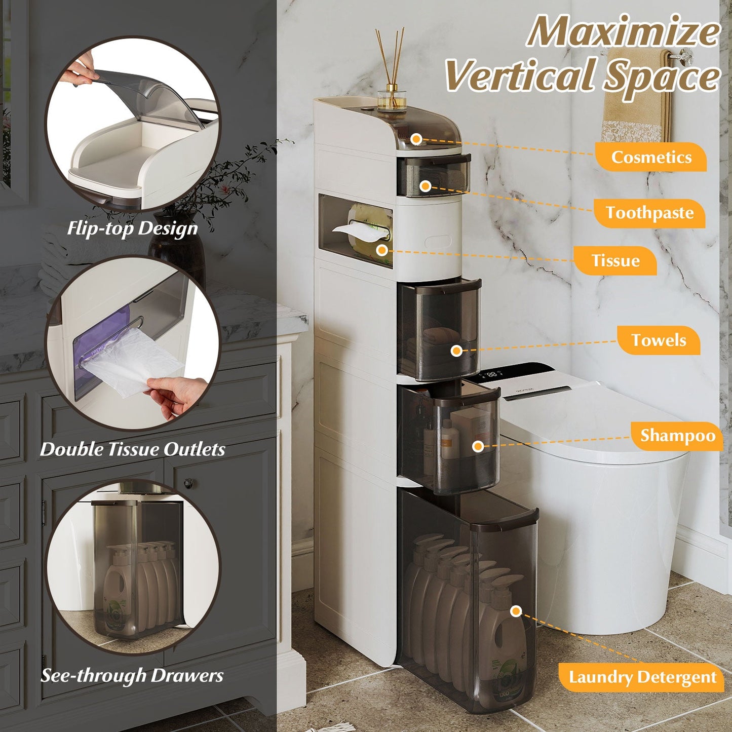 5-Tier Narrow Bathroom Storage Cabinet with Drawers and Tissue Box