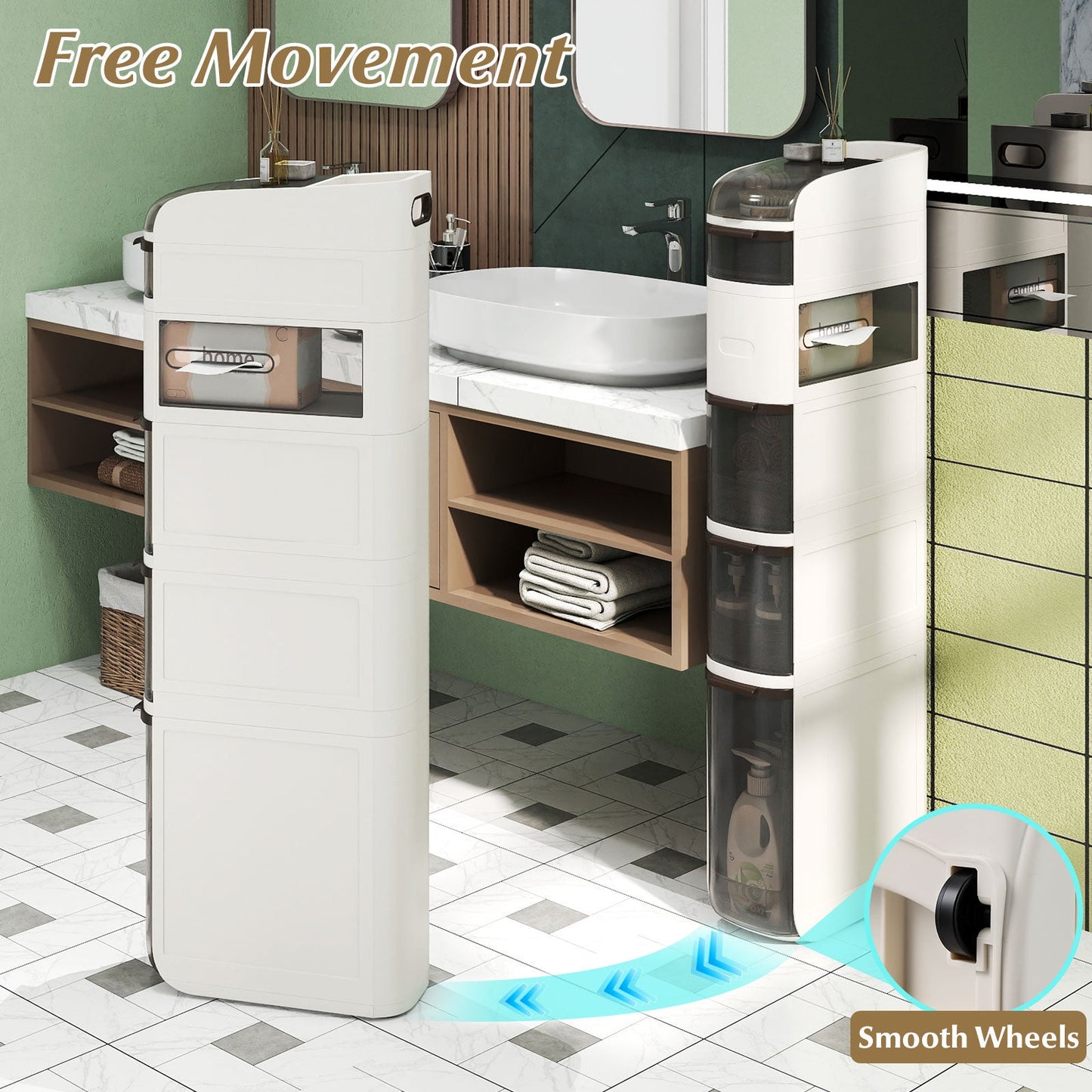 5-Tier Narrow Bathroom Storage Cabinet with Drawers and Tissue Box