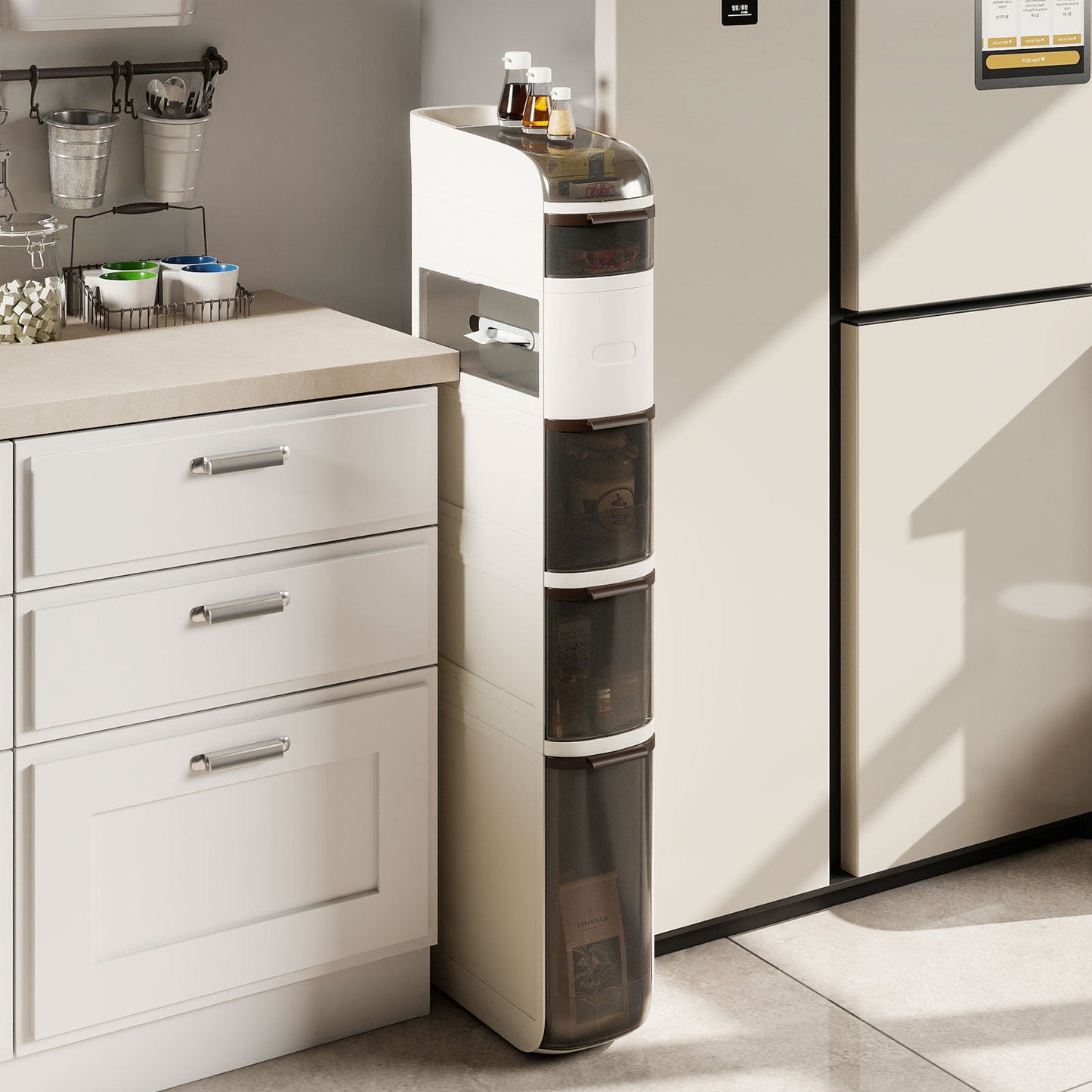 5-Tier Narrow Bathroom Storage Cabinet with Drawers and Tissue Box