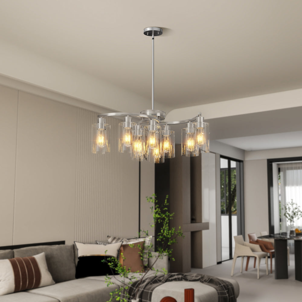 6/9-Light Modern Farmhouse Chandelier | Black, Chrome or Gold with Clear Glass Shades — Adjustable Height, Dimmable, Dining Room & Kitchen Island