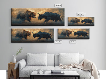 Intense Bull and Bear Framed Canvas Print - Moody Wildlife Painting, Rustic Wall Art, Industrial Style Living Room Decor, Gift Idea