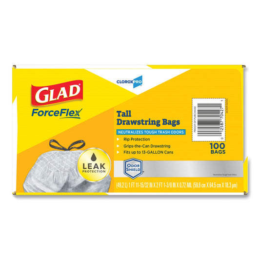 Glad ForceFlex Tall Kitchen Drawstring Trash Bags, 13 gal, 0.72 mil, 23.75" x 24.88", Gray, 100/Box