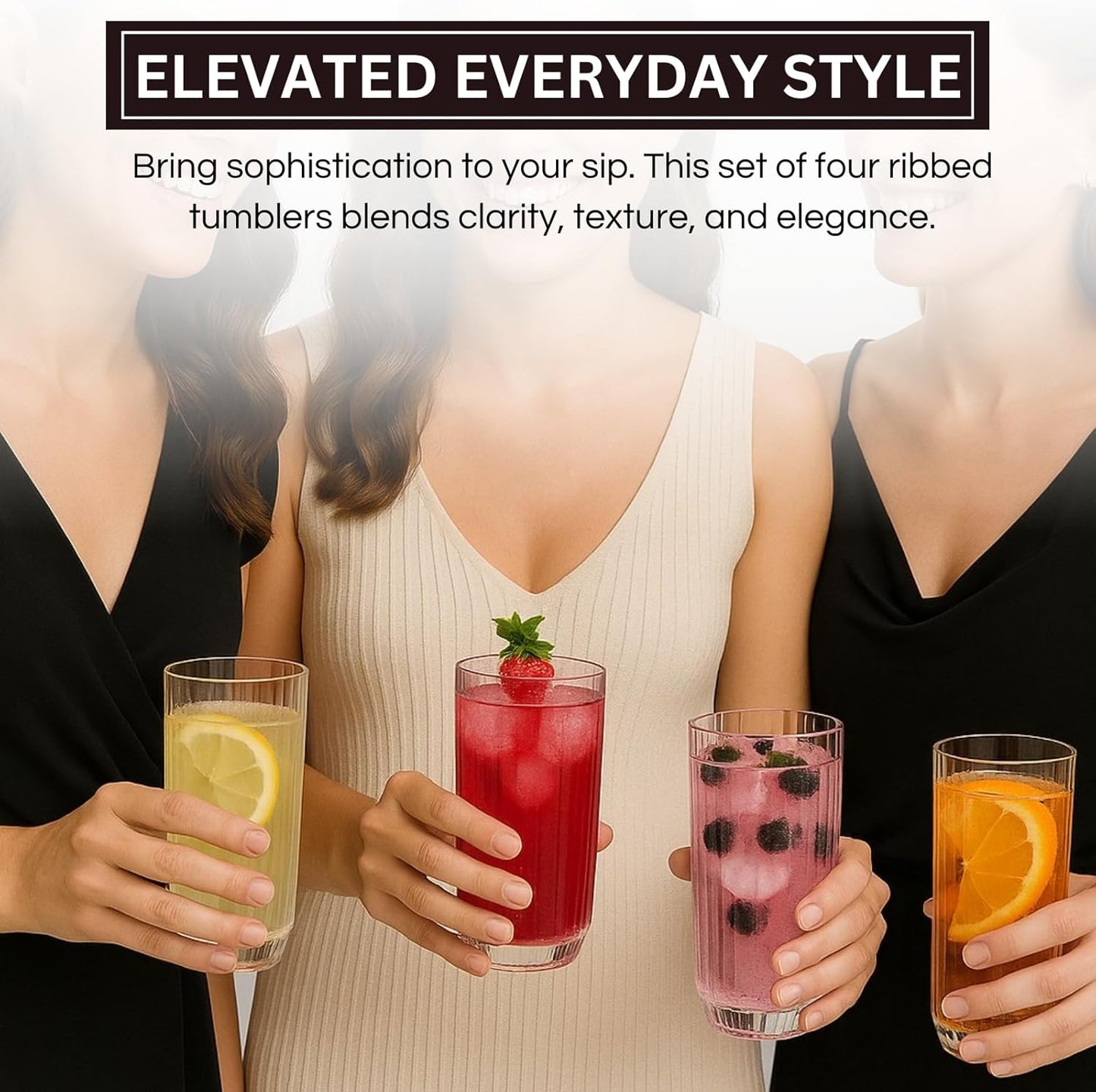 Khen Shatterproof Ribbed Drinking Glasses – Set of 4 Clear 12oz