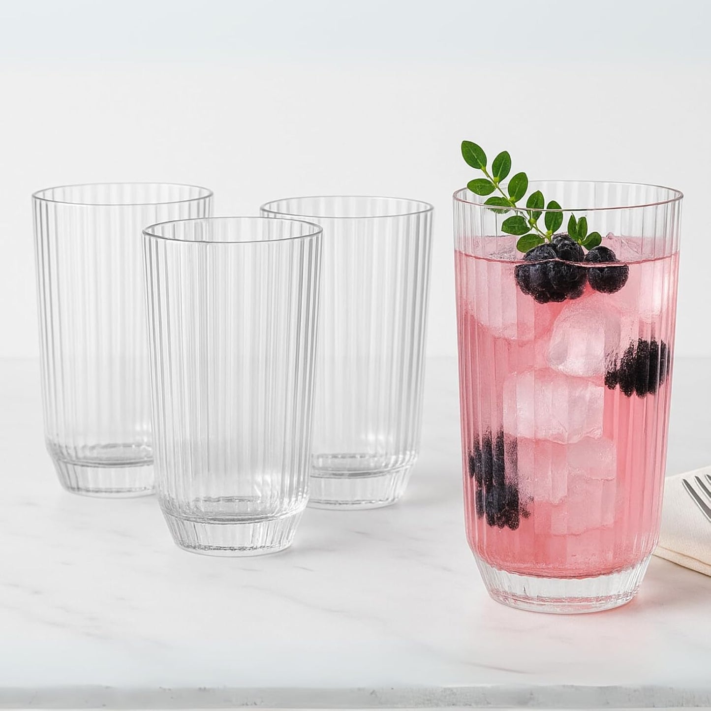 Khen Shatterproof Ribbed Drinking Glasses – Set of 4 Clear 12oz