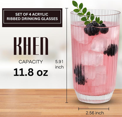 Khen Shatterproof Ribbed Drinking Glasses – Set of 4 Clear 12oz