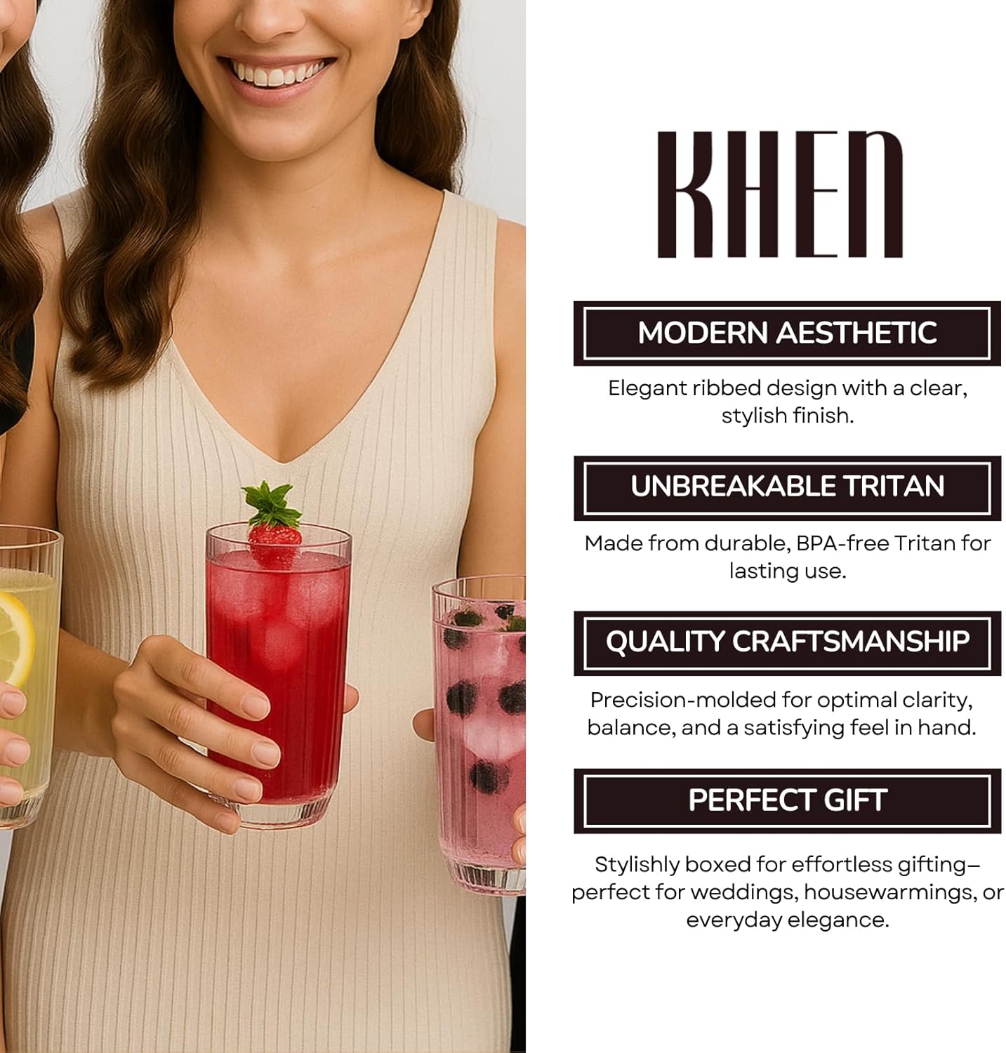 Khen Shatterproof Ribbed Drinking Glasses – Set of 4 Clear 12oz