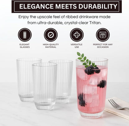 Khen Shatterproof Ribbed Drinking Glasses – Set of 4 Clear 12oz