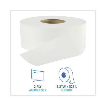 Boardwalk Jumbo Roll Bathroom Tissue, Septic Safe, 2-Ply, White, 3.2" x 525 ft, 12 Rolls/Carton