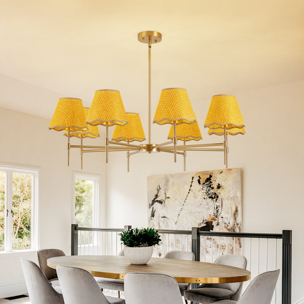 38.6" Gold Boho Rattan Chandelier | 8-Light Farmhouse Pendant with Adjustable Height for Dining Room, Living Room & Bedroom