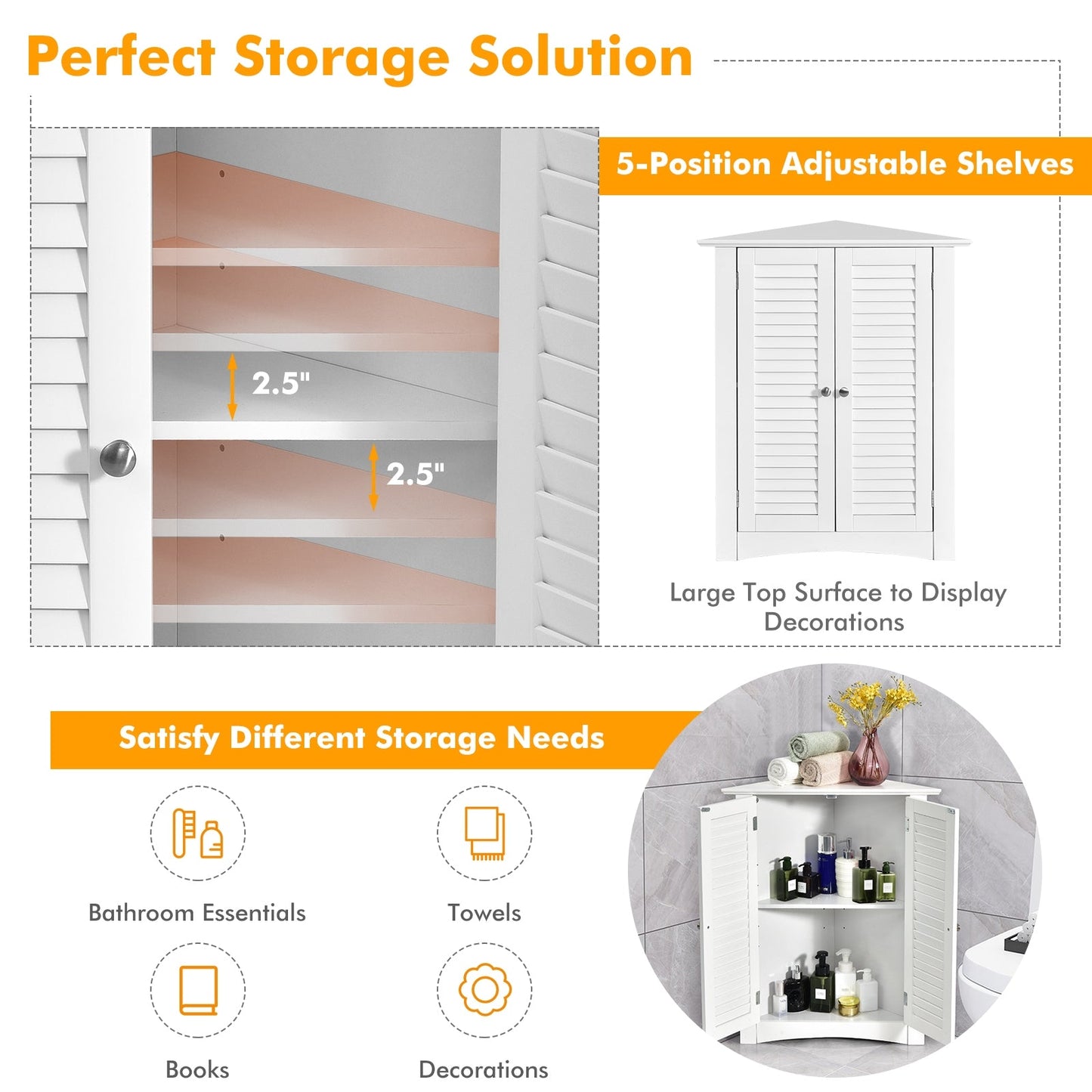 Bathroom Corner Storage Freestanding Floor Cabinet with Shutter Door