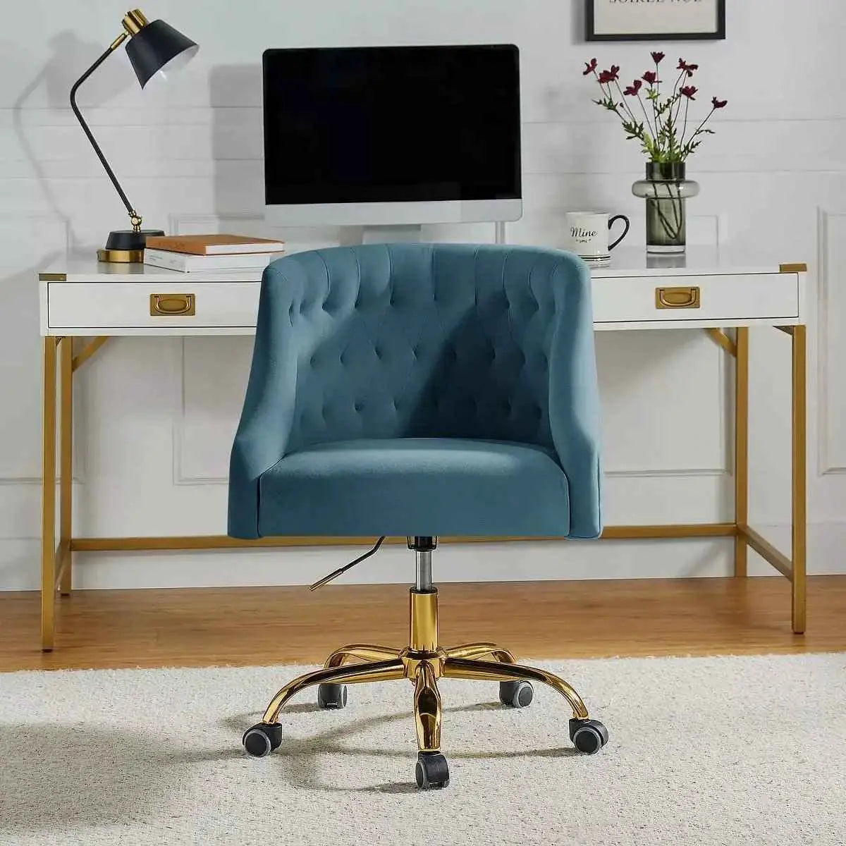 Curvaceous Velvet Swivel Office Chair with Gold Base