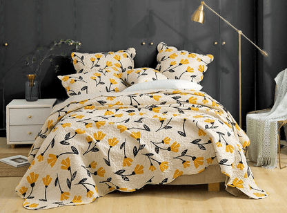 DaDa Bedding Yellow Fleur Floral Quilt Set - Ivory Gold Bedspread