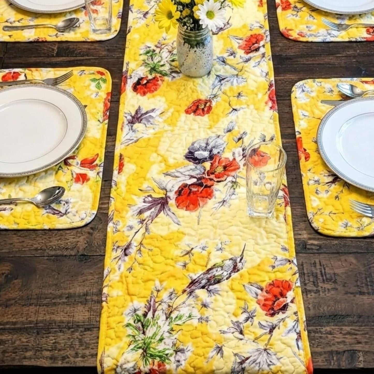 DaDalogy Bedding Sunshine Yellow Floral Vintage Hummingbirds Garden Table Runner (925)