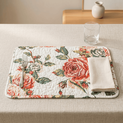 DaDa Bedding Set of 4-Pieces Romantic Roses Pink Floral Quilted Dining Placemats 13” x 19” (879)