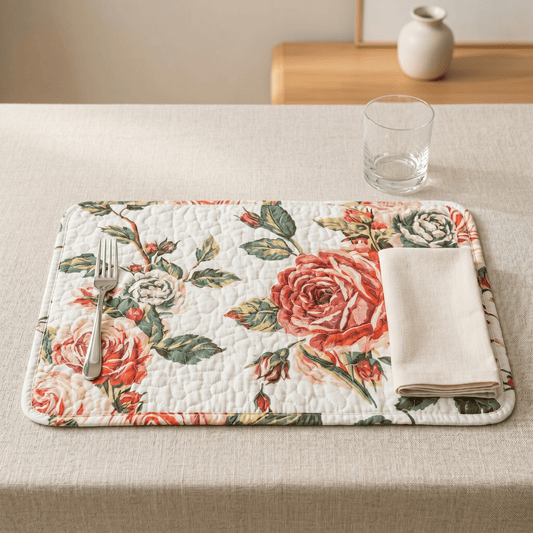 DaDa Bedding Set of 4-Pieces Romantic Roses Pink Floral Quilted Dining Placemats 13” x 19” (879)