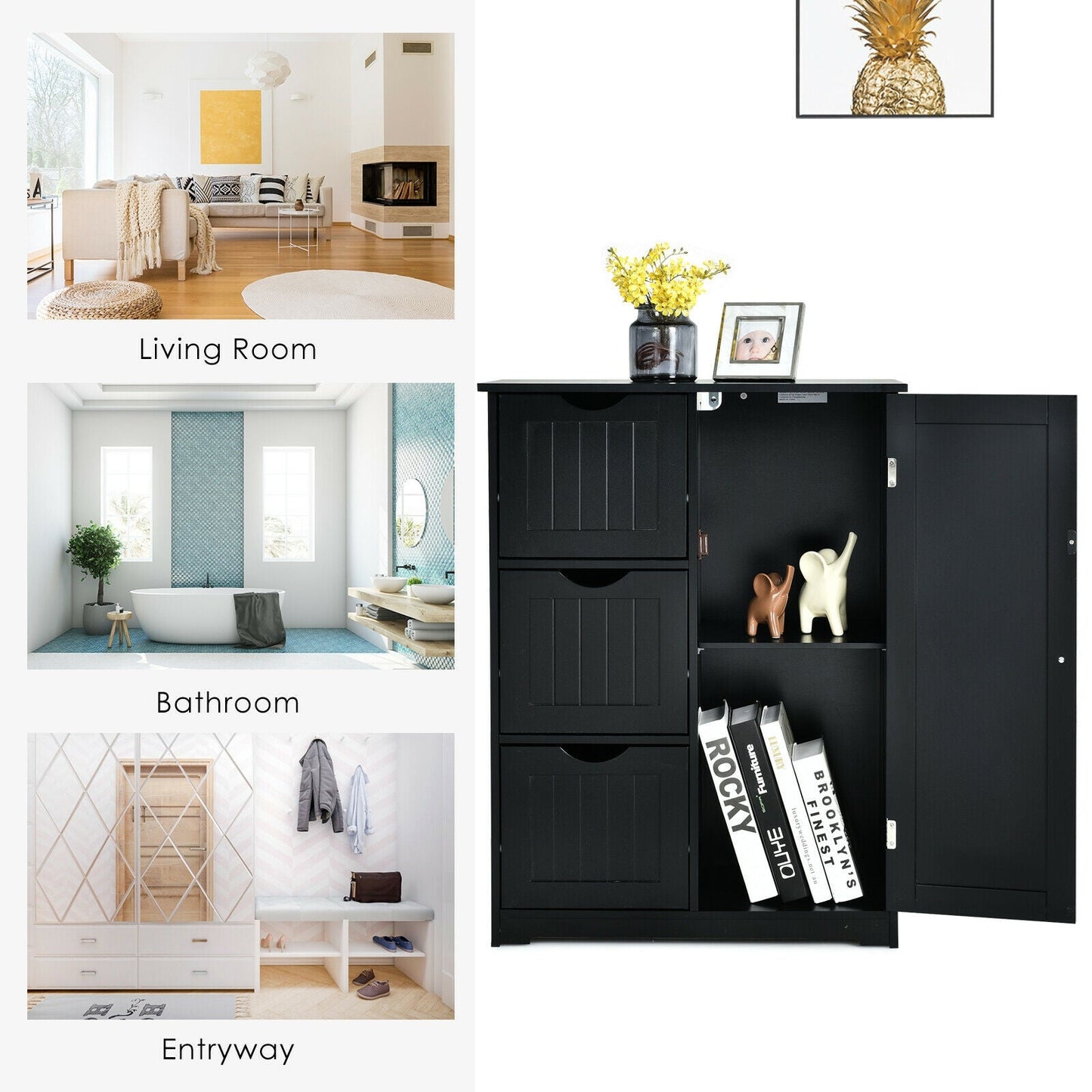 Bathroom Floor Cabinet Side Storage Cabinet with 3 Drawers and 1 Cupboard