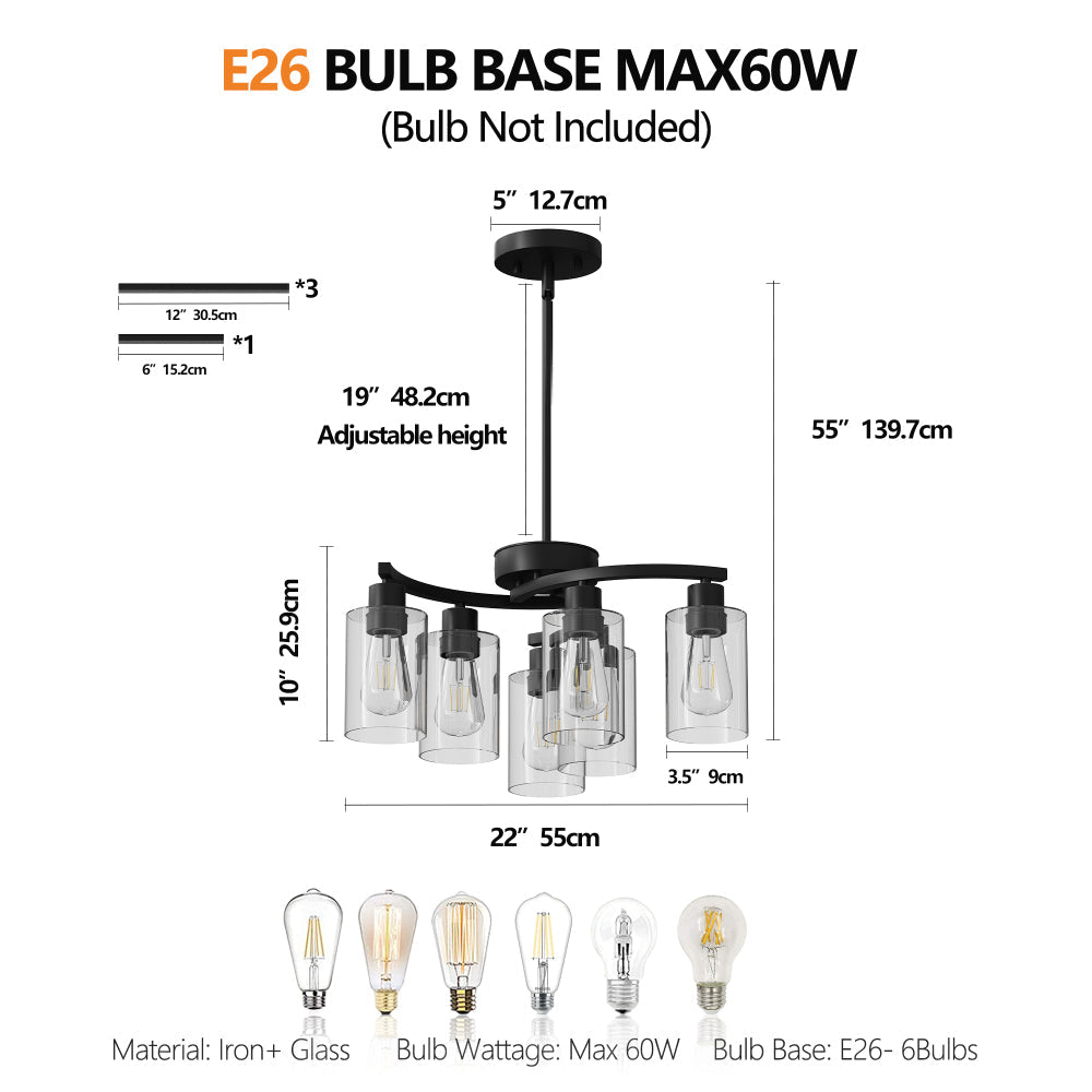 6/9-Light Modern Farmhouse Chandelier | Black, Chrome or Gold with Clear Glass Shades — Adjustable Height, Dimmable, Dining Room & Kitchen Island